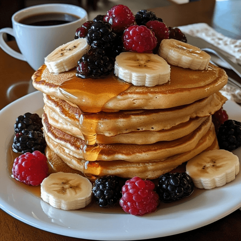 A stack of vegan banana pancakes with syrup and fruit.