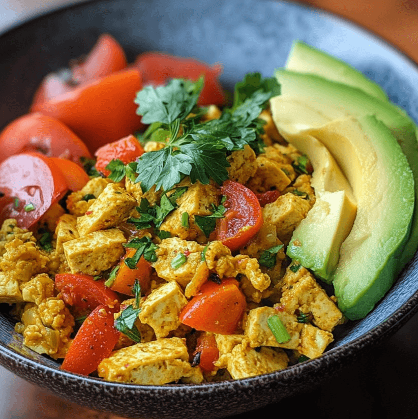 Tofu scramble with vegetables and avocado slices