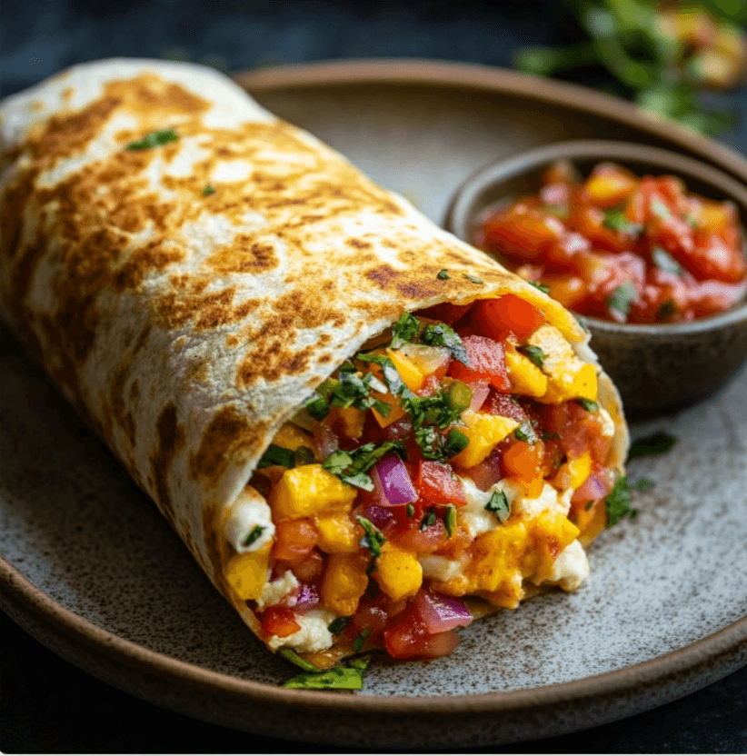 A vegan breakfast burrito cut open to show its filling