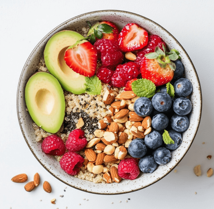 A vibrant quinoa breakfast bowl with mixed toppings