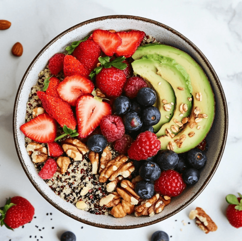 A vibrant quinoa breakfast bowl with mixed toppings