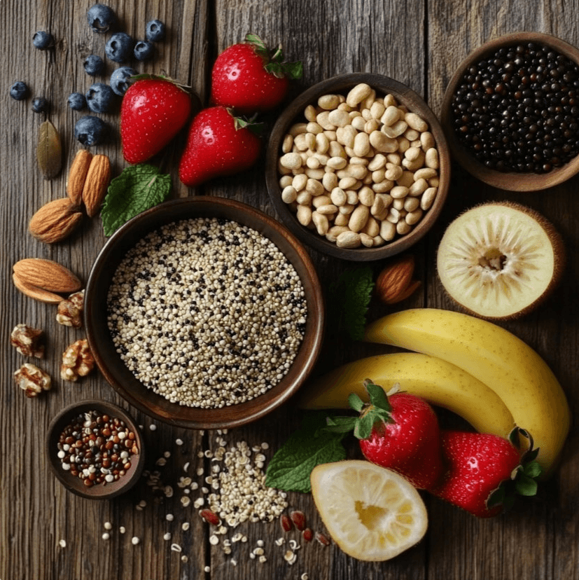 Various quinoa bowl ingredients on a wooden table