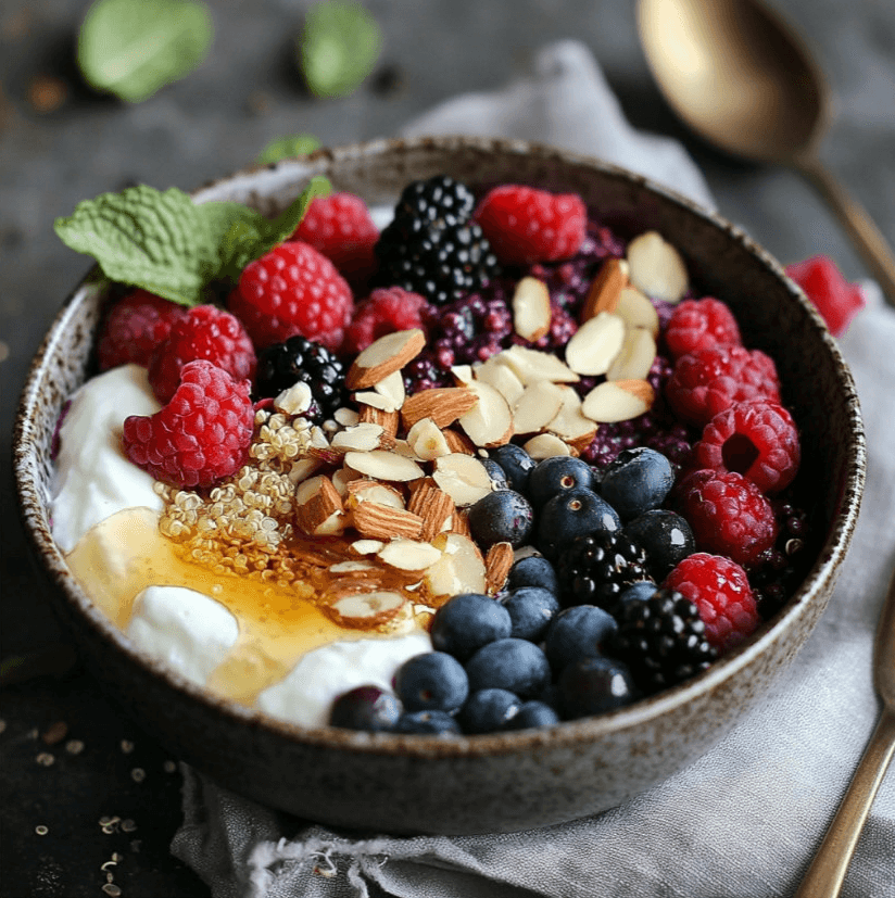 A sweet quinoa bowl with berries and yogurt