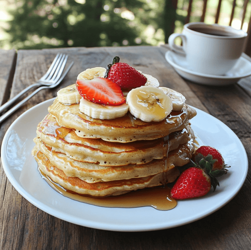 A stack of golden vegan banana pancakes topped with fresh fruit and maple syrup