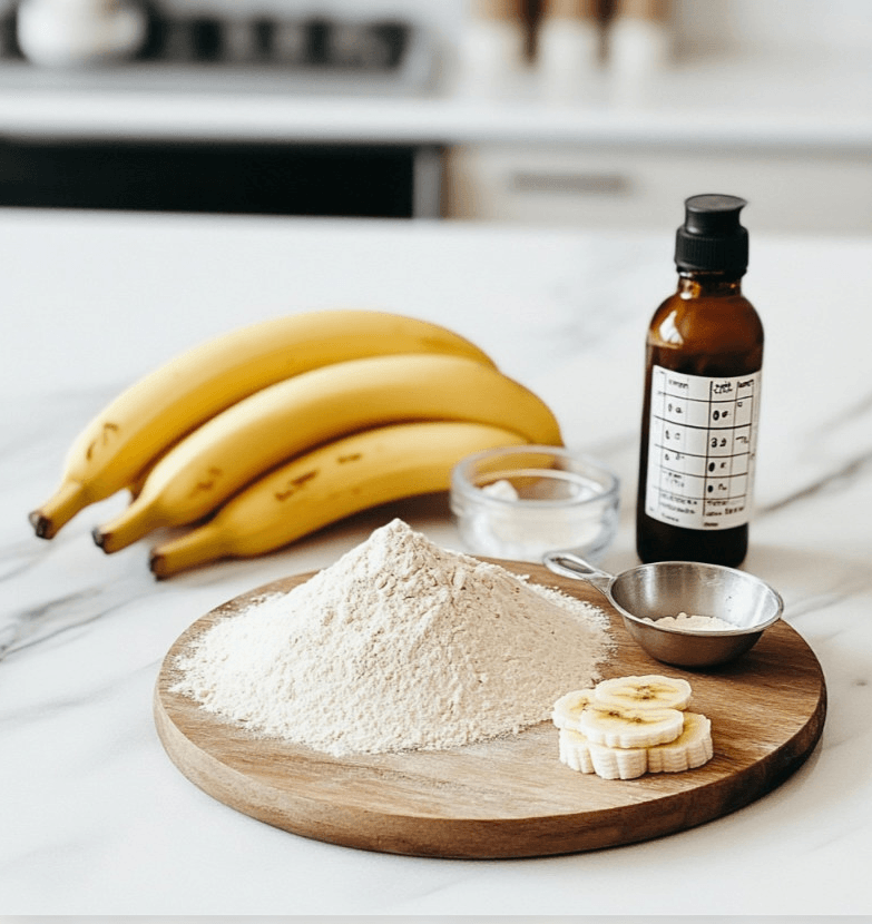 Ingredients for vegan banana pancakes displayed on a kitchen counter.
