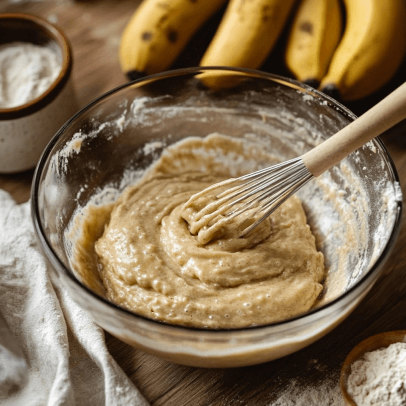A step-by-step process of making vegan banana pancakes in a mixing bowl.