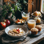 A rustic breakfast table with a variety of apple breakfast dishes, including oatmeal, muffins, and juice.