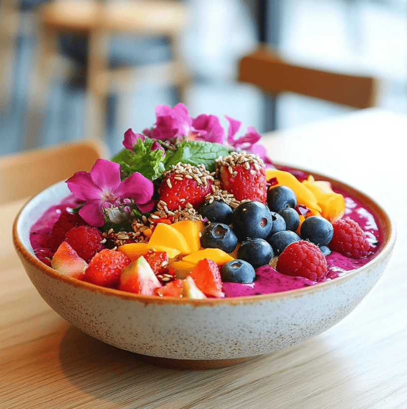 A berry smoothie bowl topped with fresh fruit and granola