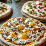 Breakfast pizza with eggs, bacon, and vegetables on a wooden table.