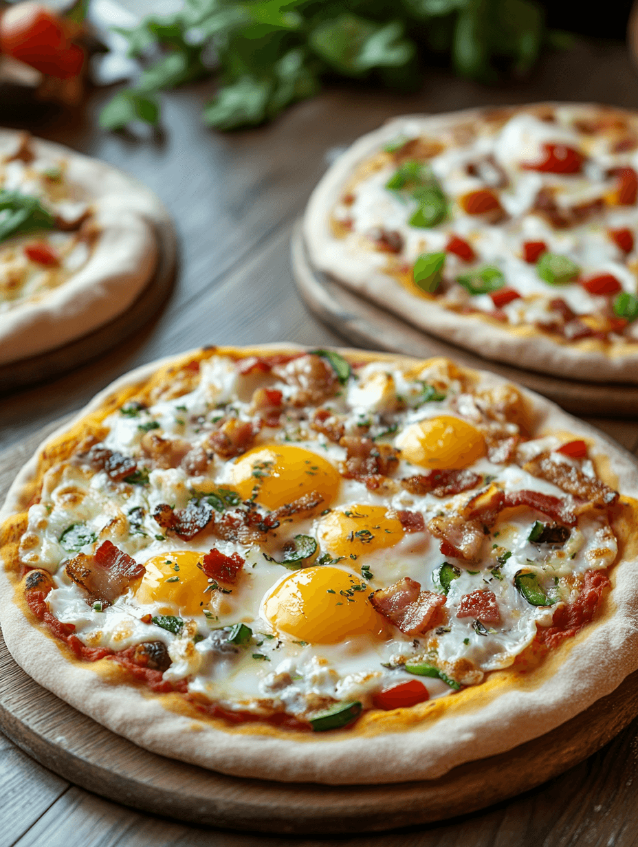 Breakfast pizza with eggs, bacon, and vegetables on a wooden table.